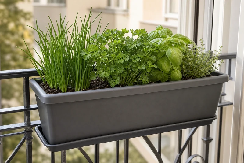 Jardinière en résine anthracite plantée de ciboulette, persil, basilic et thym fixée au garde-corps d'un balcon