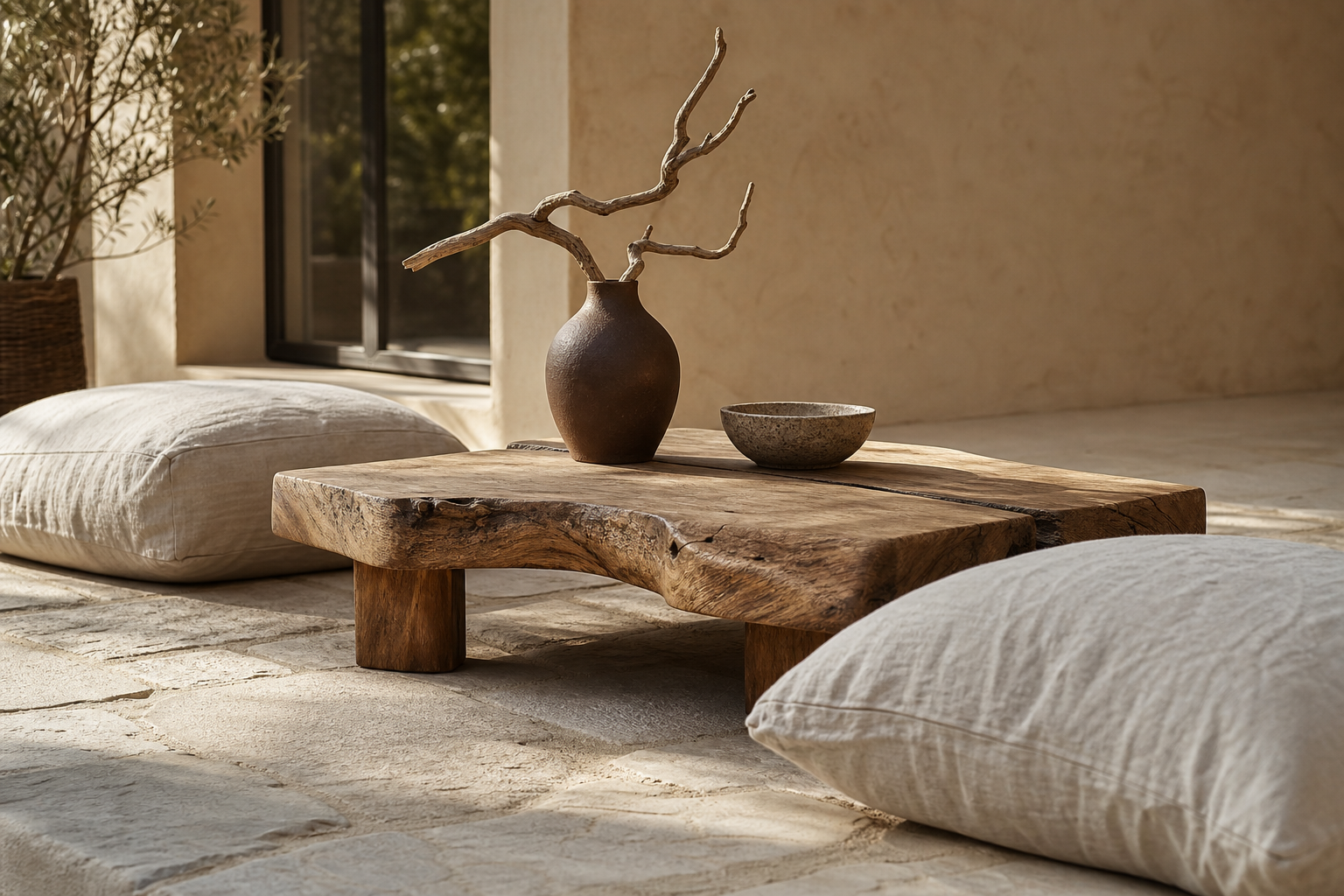Ambiance wabi-sabi sur une terrasse française avec bois brut, lin lavé et céramique artisanale