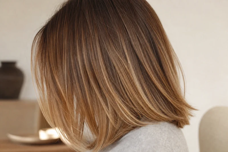 Gros plan d'un balayage miel doré sur cheveux châtain clair montrant le dégradé chromatique