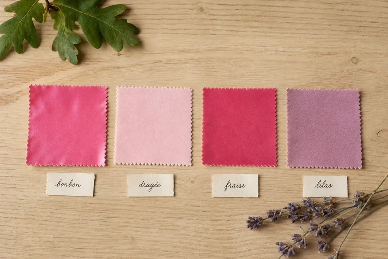 Quatre échantillons de tissu rose : bonbon, dragée, fraise et lilas rosé
