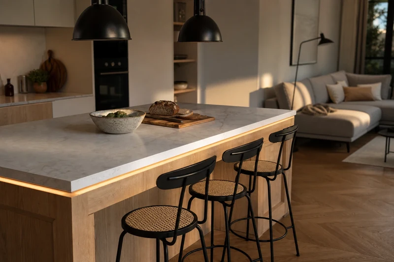 Îlot central en bois clair avec tabourets noirs et suspension industrielle séparant la cuisine du salon