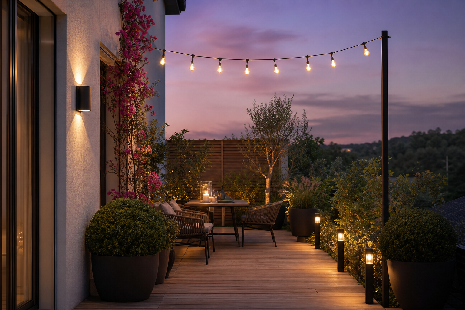 Les trois plans de lumière sur une terrasse : haut, intermédiaire, bas