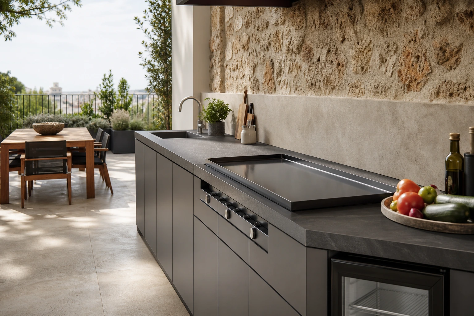 Cuisine extérieure en L avec plan de travail en pierre frittée gris basalte sur terrasse en grès cérame travertin