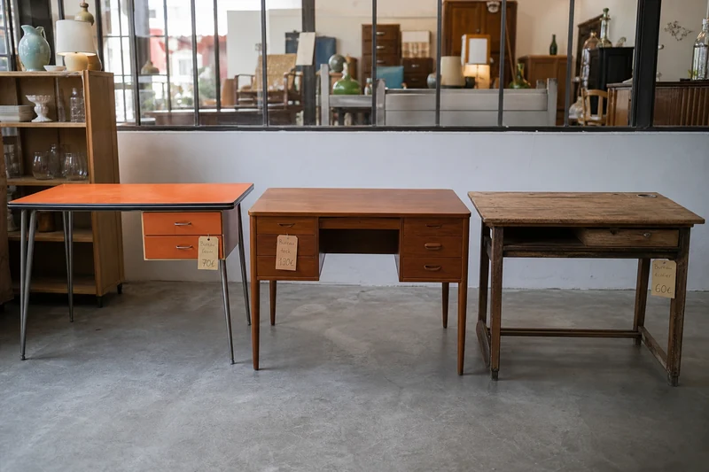 Trois bureaux chinés en brocante candidats au smart-upcycling, plateaux d'épaisseurs différentes