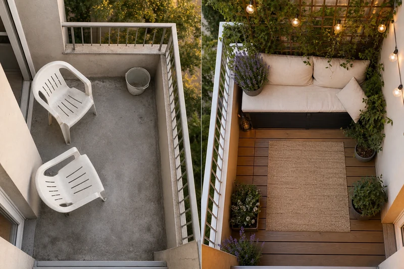 Petit balcon avant/après : de la dalle béton brute au salon d'été aménagé
