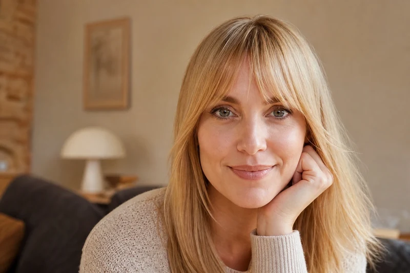 Vue frontale détaillée d'une frange U Bang sur cheveux blond miel raides