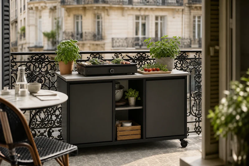 Module cuisine compact mobile installé sur un petit balcon parisien