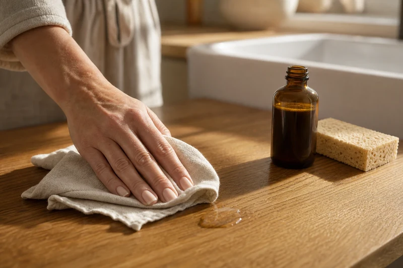 Entretien quotidien d'un plan de travail en bois chêne huilé avec chiffon en lin et flacon de savon noir