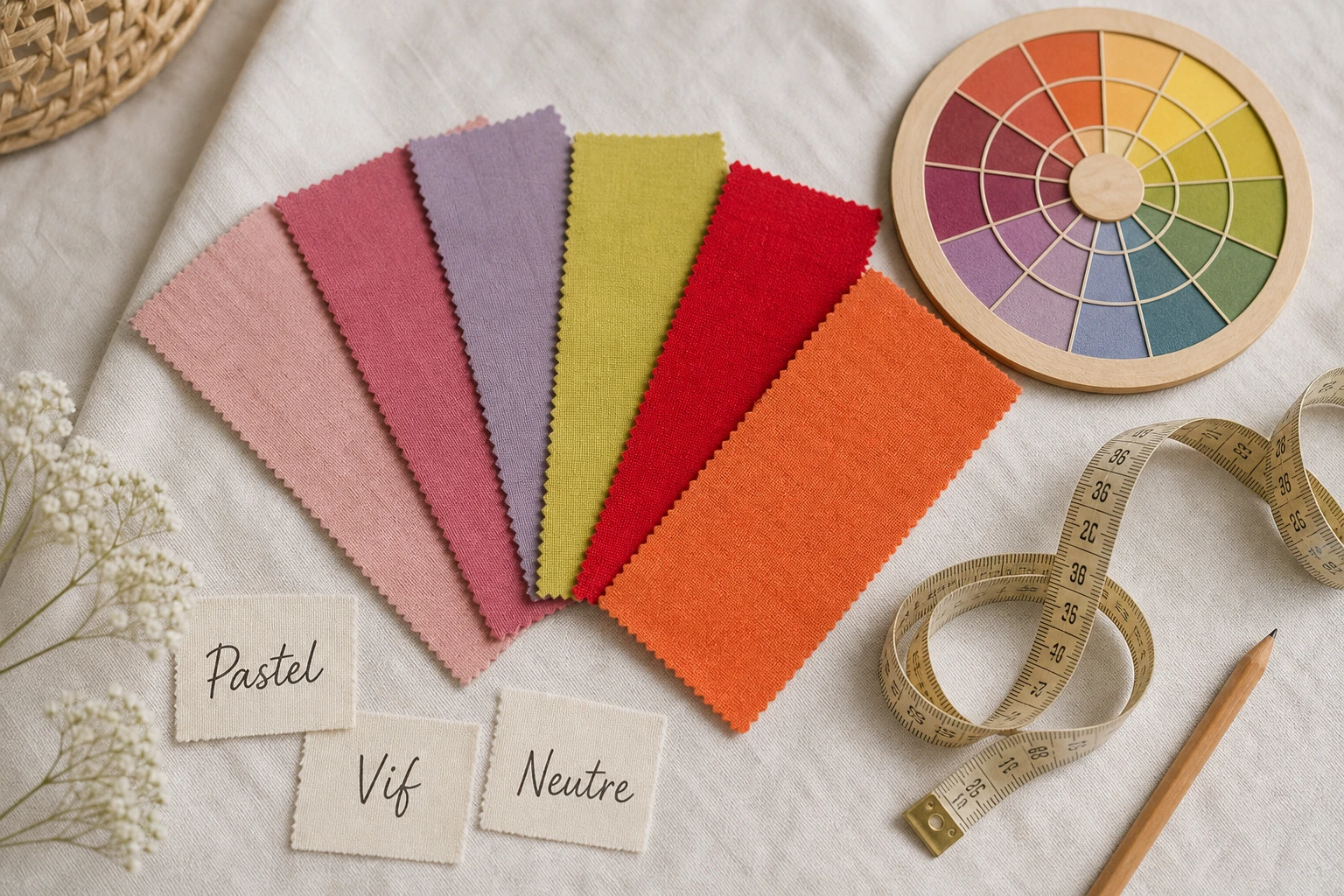 Échantillons de tissus aux couleurs Pantone printemps-été 2026 disposés autour d'un cercle chromatique