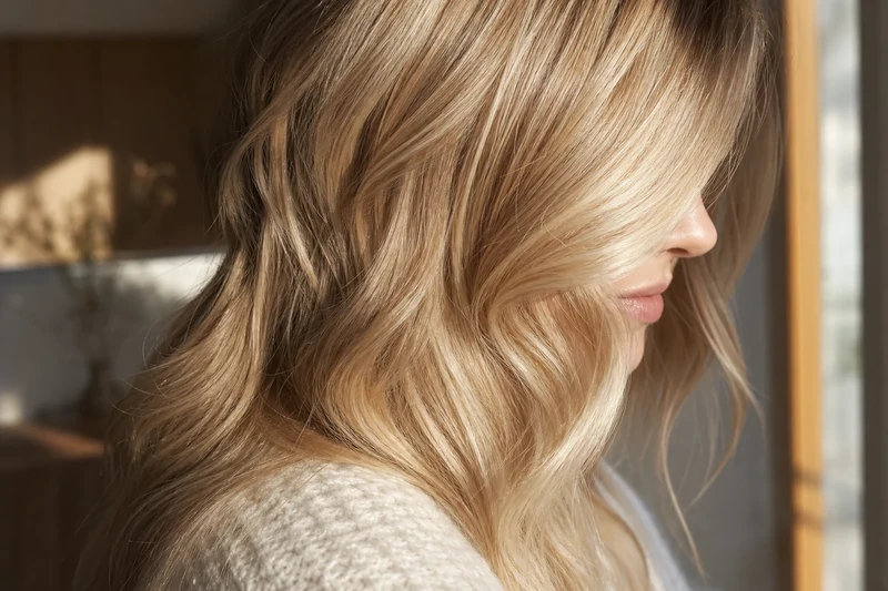 Détail de babylights Buttery Blonde sur cheveux longs ondulés