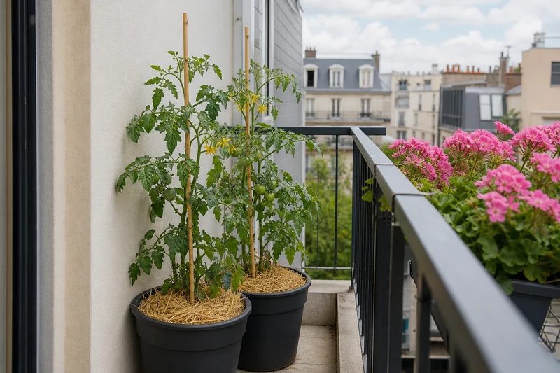 Plants de tomate cerise en pot sur un balcon en juin, premiers bouquets de fleurs et de fruits verts