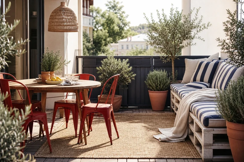Terrasse de 12 m² divisée en coin repas rouge et coin détente avec banquette en palettes