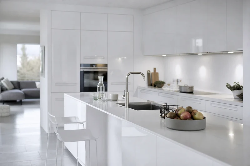 Cuisine blanche immaculée à l'esthétique datée, à laquelle 2026 tourne le dos