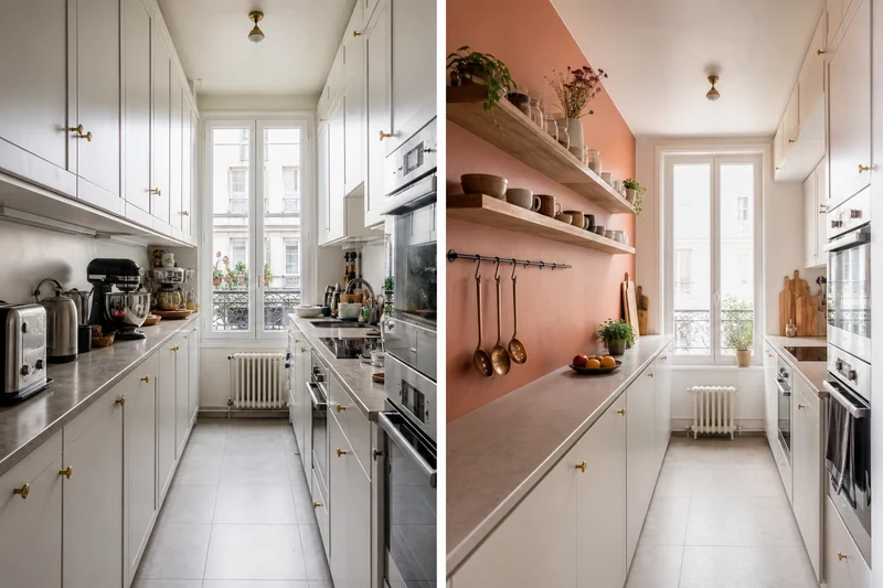 Avant après d'une cuisine couloir avec et sans meubles hauts