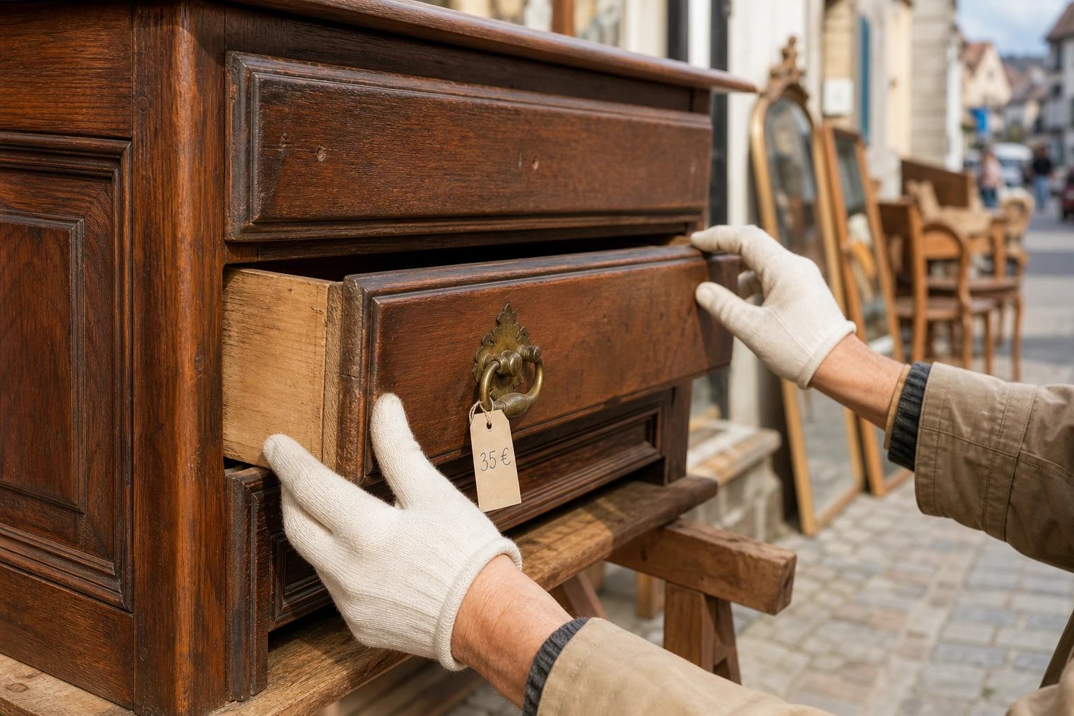 Inspection d'une commode ancienne dans une brocante avant achat