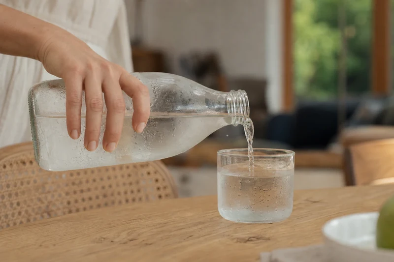 Verre d'eau à température ambiante servi en petite quantité sur une table en bois