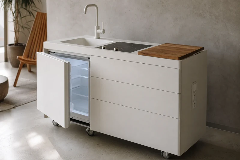 Cuisine escamotable monobloc en Corian blanc sur roulettes avec planche en teck et mini-réfrigérateur ouvert
