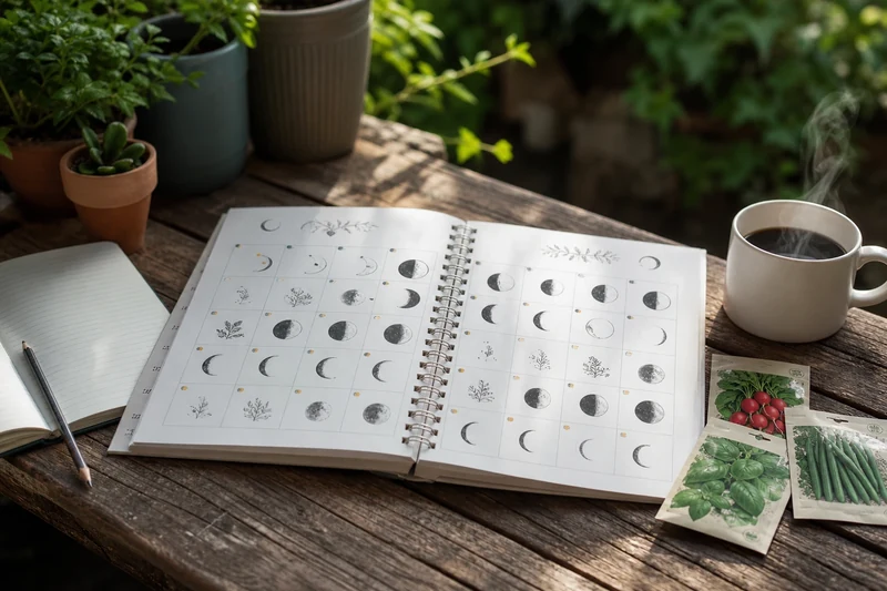 Calendrier lunaire de jardinage ouvert sur juin avec carnet de notes et sachets de graines