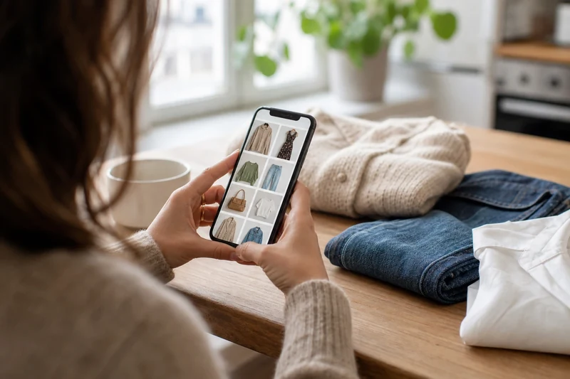 Femme consultant une application de seconde main mode sur son téléphone