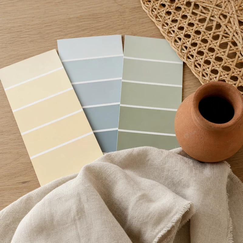 Palette de couleurs Riviera 2026 : nuanciers jaune beurre, bleu lavé, vert sauge et matières naturelles