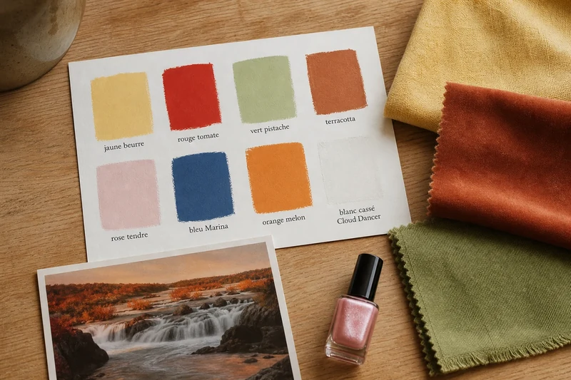 Mood board des sept couleurs tendance été 2026 avec nuancier et échantillons de tissus