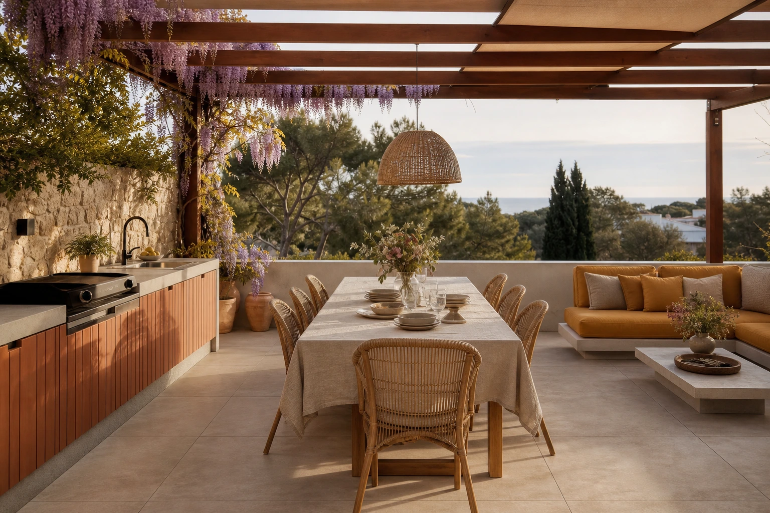 Terrasse de 25 m² divisée en zones cuisine, repas et détente avec pergola et glycine