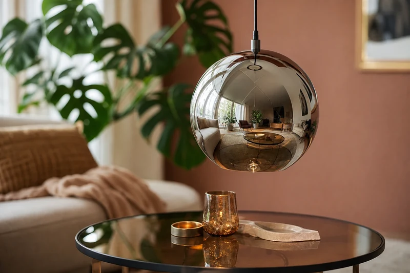 Suspension chromée et table en verre teinté, retour du chrome en déco 2026
