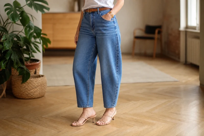 Coupe et tombé caractéristiques du jean barrel taille haute