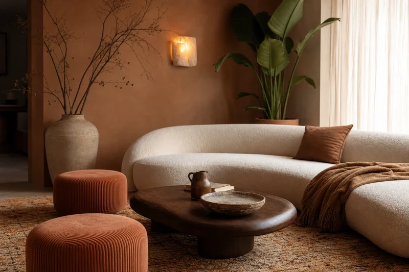 Salon minimalisme organique aux courbes pleines et palette terreuse