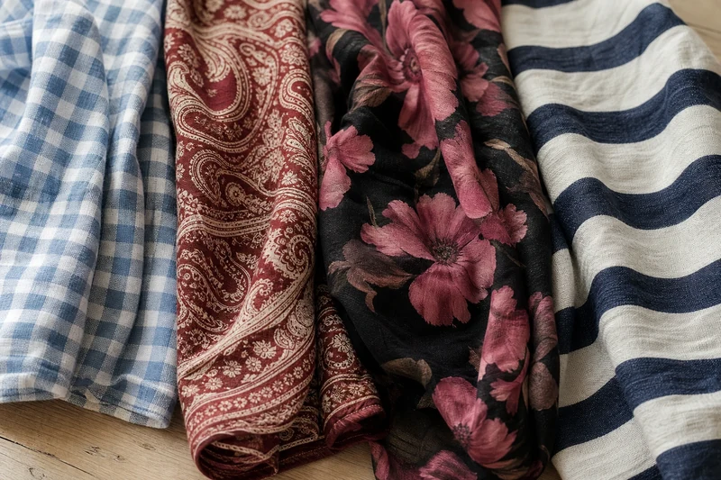 Quatre tissus aux imprimés stars de l'été 2026 — vichy, paisley, floral XXL et rayures larges — disposés sur une table en bois.
