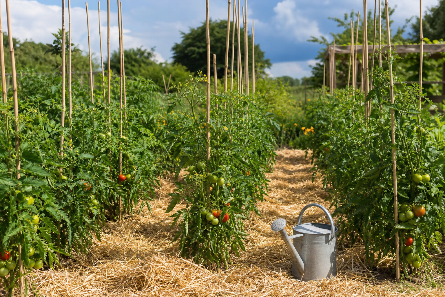 Rangs de pieds de tomates tuteurés et paillés dans un potager français en début d'été