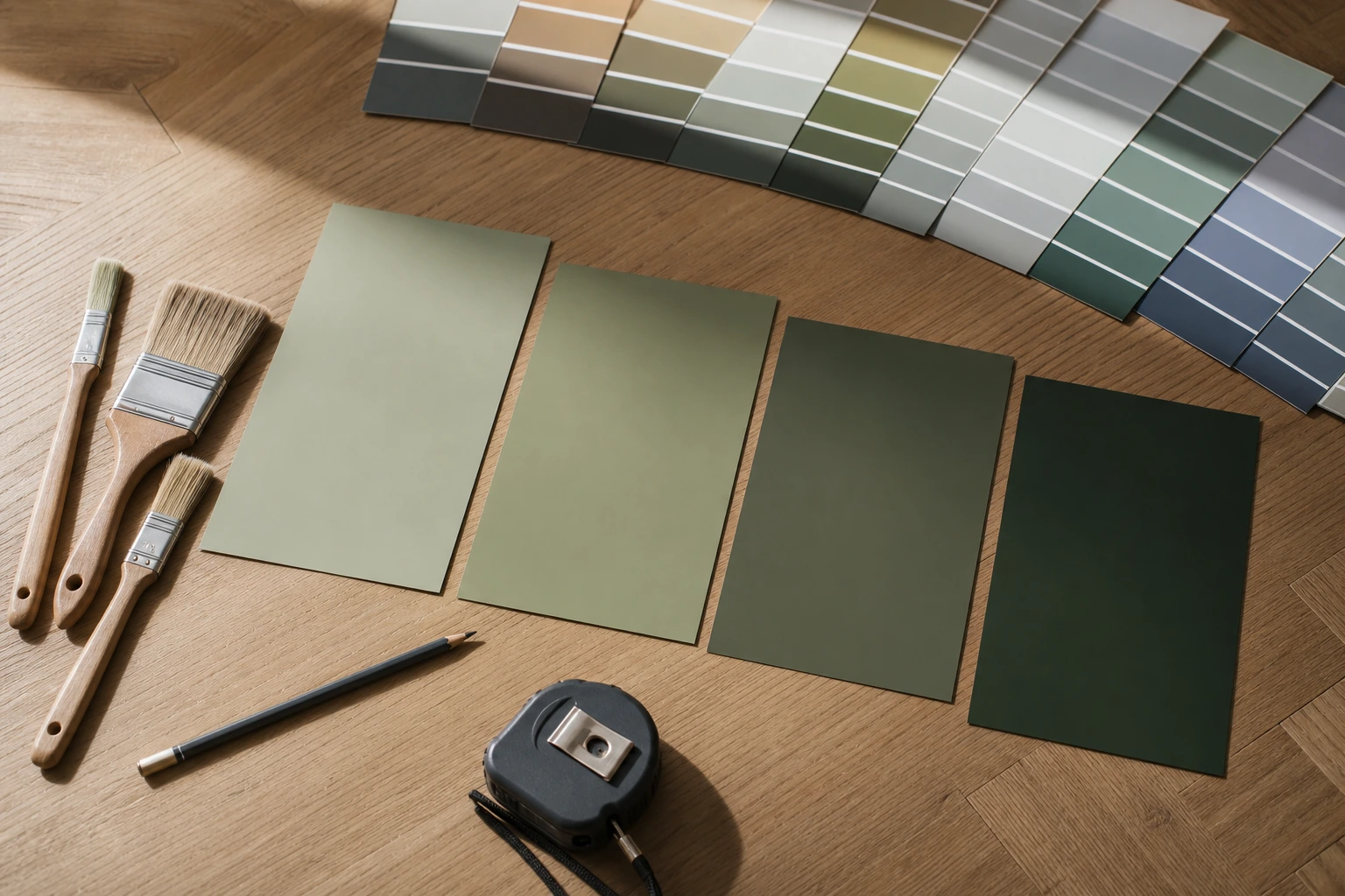 Échantillons de peinture montrant le vert sauge et ses alternatives 2026 : eucalyptus, olive, forêt