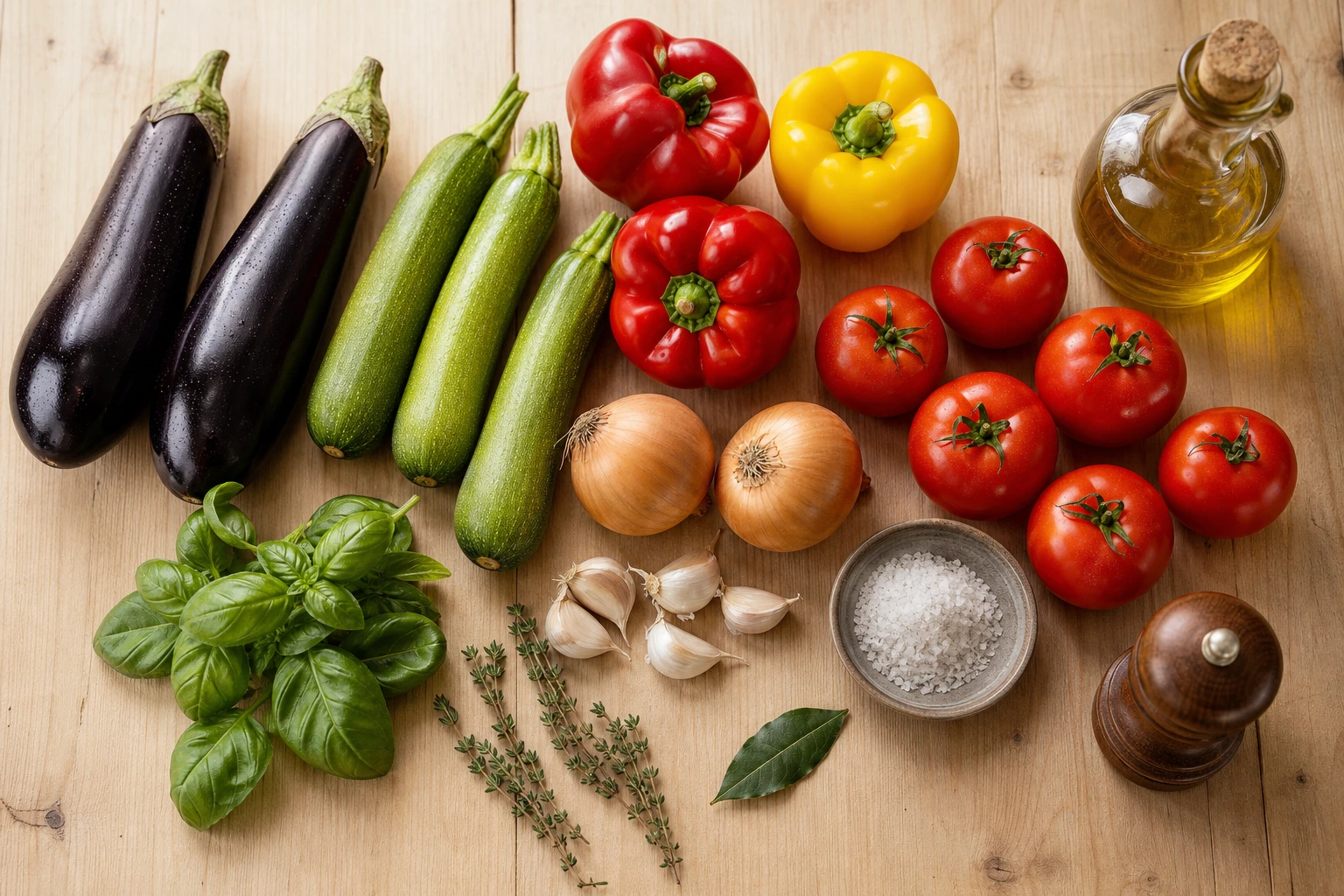 Ingrédients ratatouille : aubergines, courgettes, poivrons, tomates, oignons, ail, herbes, huile d'olive