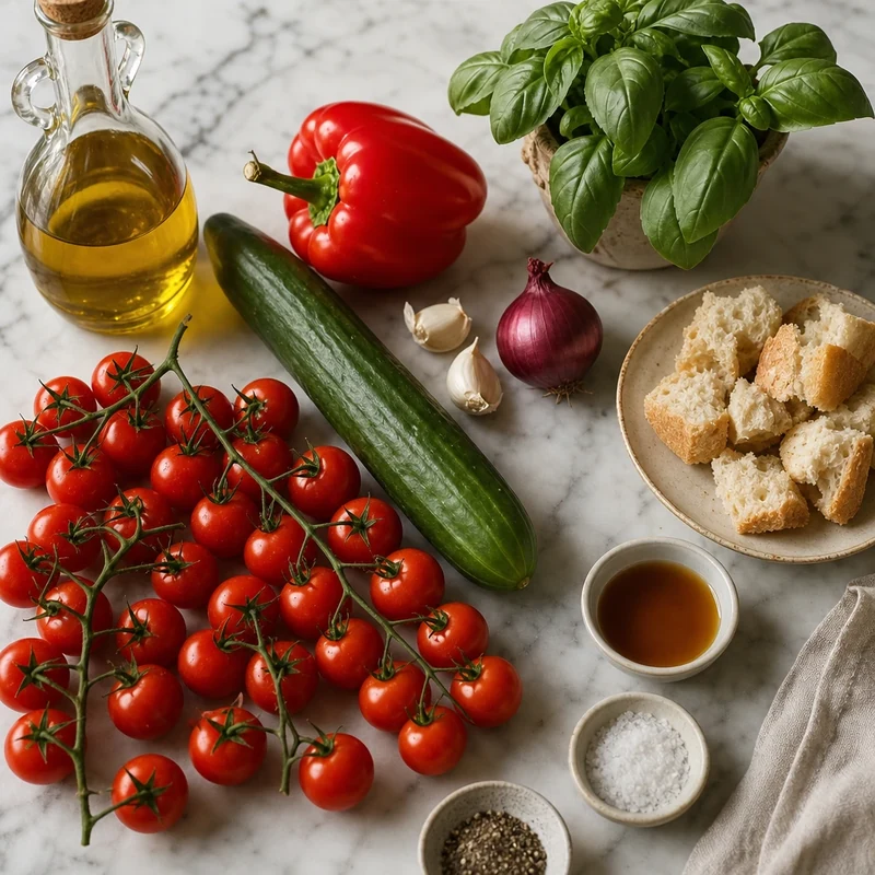 Tomates cerises, concombre, poivron, ail, pain rassis et huile d'olive disposés sur un plan de travail en marbre