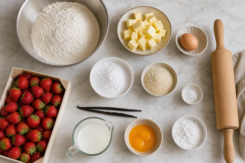 Ingrédients pour la tarte aux fraises : farine, beurre, œufs, sucre, lait, vanille et fraises Gariguette