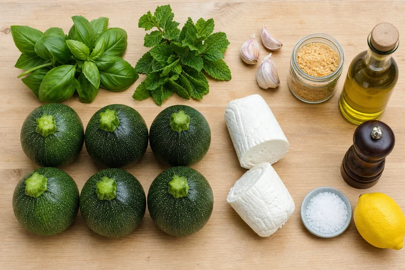 Ingrédients pour courgettes farcies au chèvre : courgettes rondes, chèvre frais, basilic, menthe, ail, huile d'olive