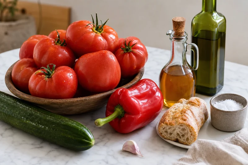 Ingrédients du gaspacho de tomates : tomates mûres, concombre, poivron rouge, ail, pain rassis, huile d'olive et vinaigre de Xérès