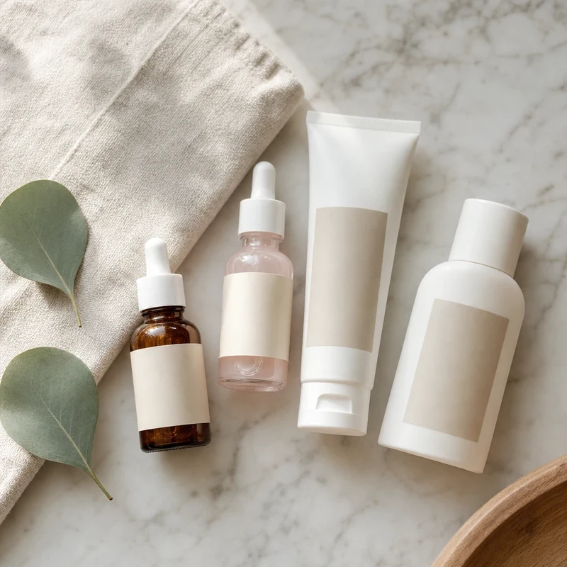 Quatre produits glass skin posés sur marbre blanc : sérum niacinamide, PDRN, crème, SPF 50