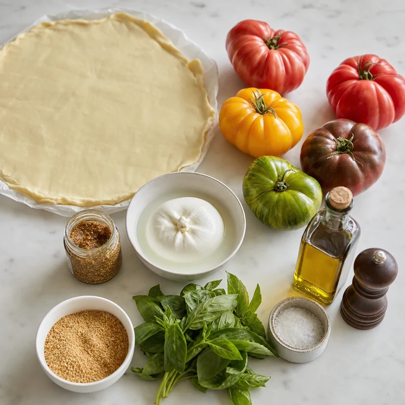 Ingrédients de la tarte tomate burrata : pâte feuilletée, tomates anciennes, burrata, moutarde, chapelure et basilic