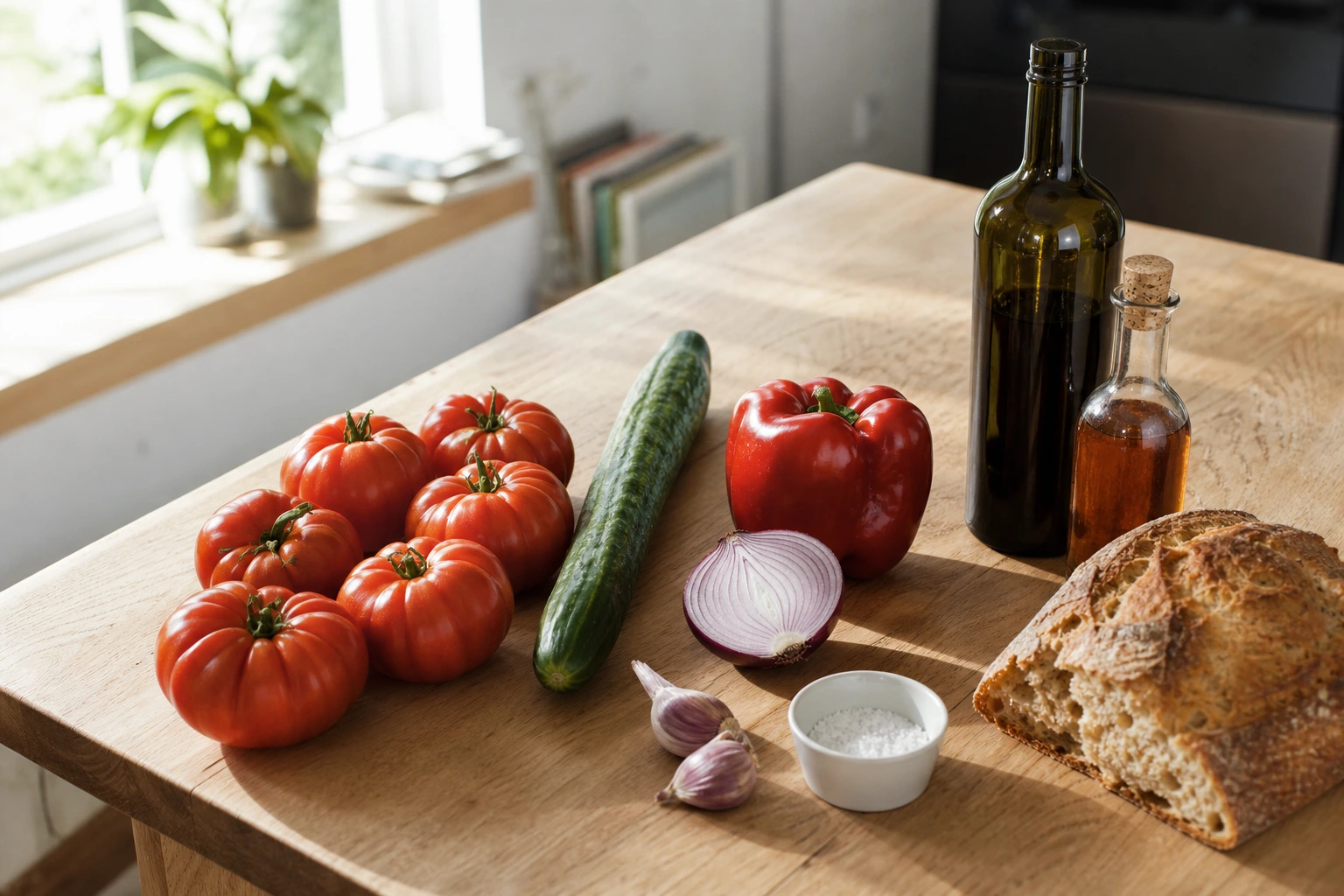 Tomates, concombre, poivron, oignon, ail, pain rassis, huile et vinaigre de Xérès disposés pour préparer un gaspacho