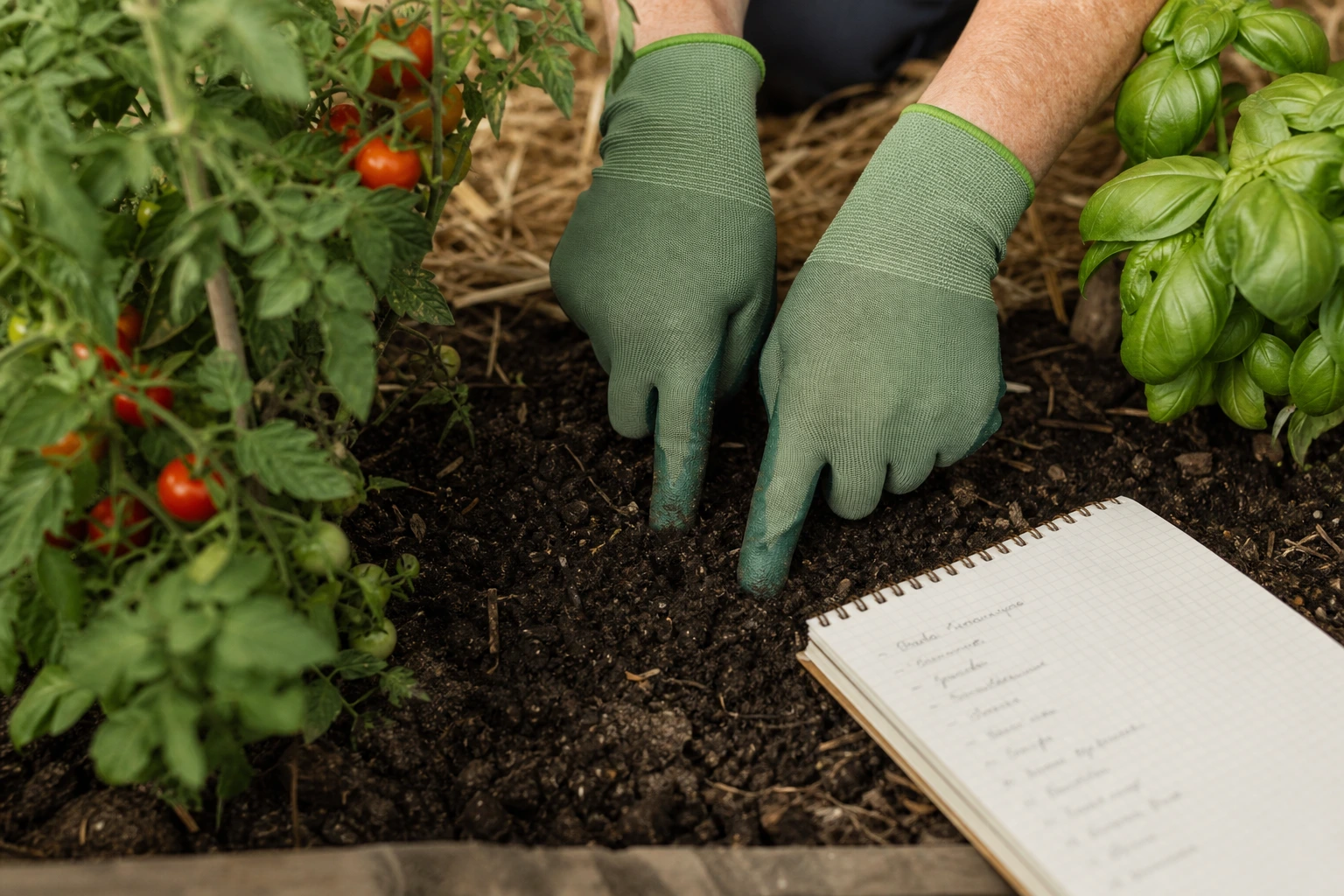 Audit manuel de l'humidité du sol au pied d'un plant de tomate avec carnet d'observation