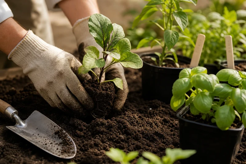 Repiquage d'un jeune plant d'aubergine en pleine terre début juin