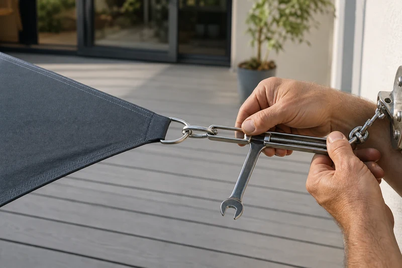 Installation d'une voile d'ombrage avec ridoir inox et mousqueton sur une terrasse