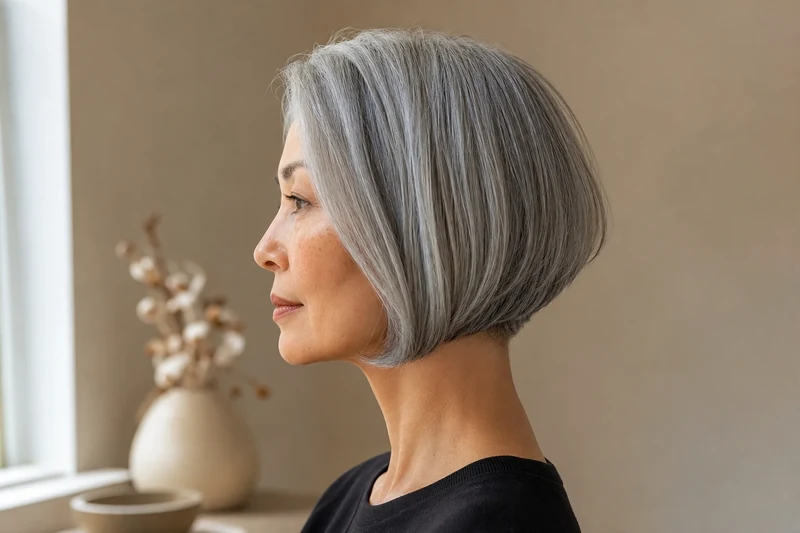 Profil d'un Japanese Bob sur cheveux gris argentés naturels au menton