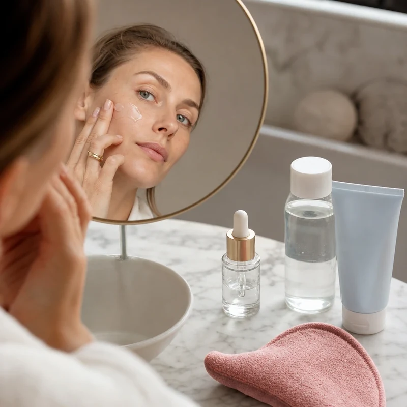 Application d'une crème hydratante non comédogène sur peau propre avant le maquillage