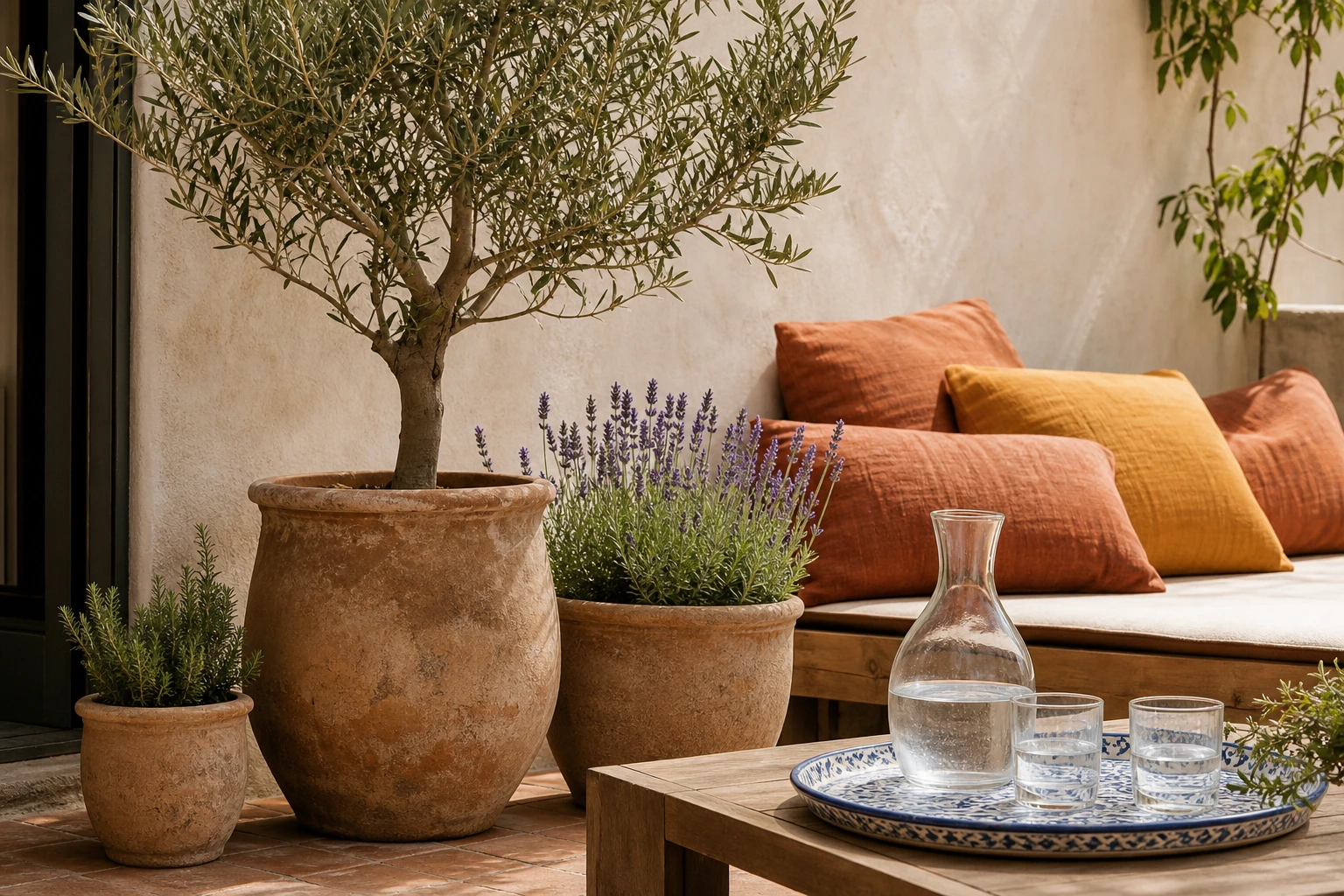 Terrasse méditerranéenne avec olivier en pot de terre cuite, lavande, romarin et coussins terracotta