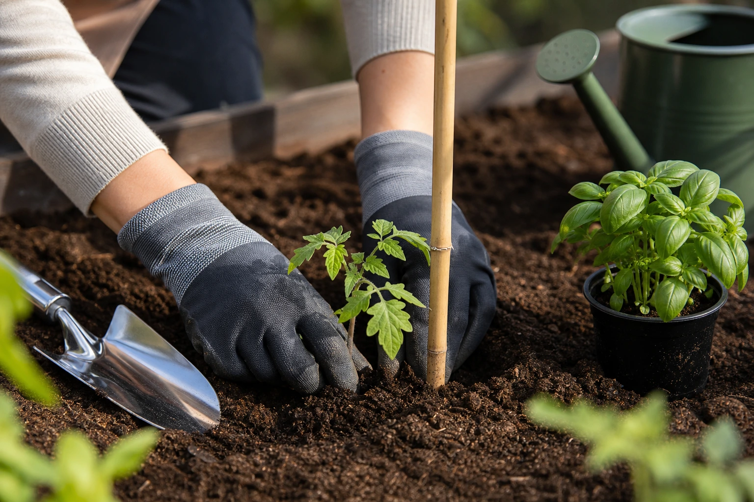 Plantation d'un plant de tomate avec un pied de basilic en compagnonnage