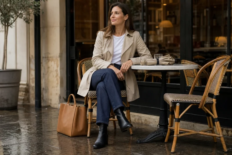 Look 1 trench beige court, jean droit indigo et bottines noires en terrasse