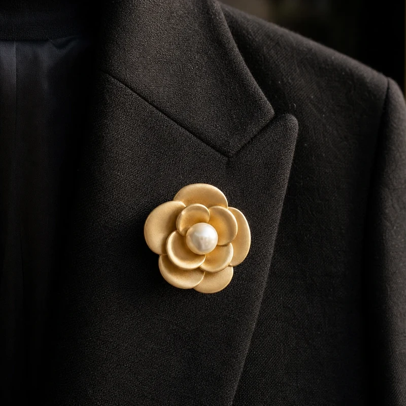 Gros plan d'une broche camélia dorée épinglée au revers d'un blazer noir