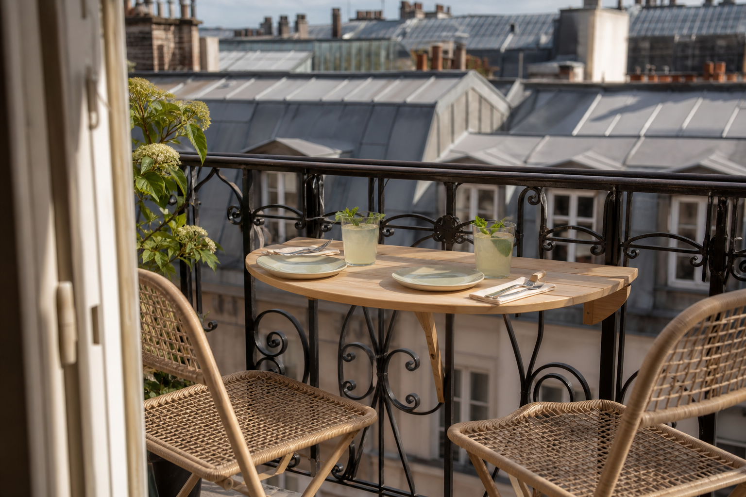 Table de balustrade rabattable installée pour un petit déjeuner à deux sur un balcon urbain